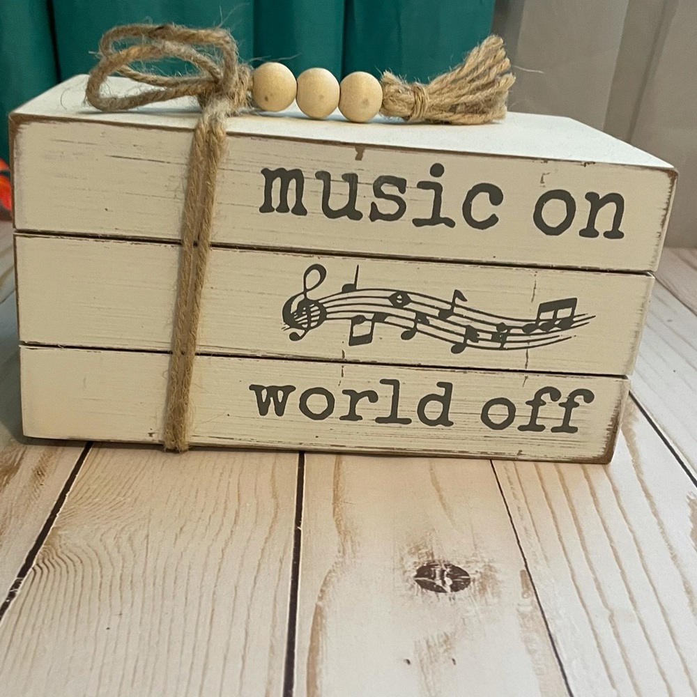 🆕 Quill to paper by sixtrees wooden faux book stack MUSIC ON 🎶 WORLD OFF decor